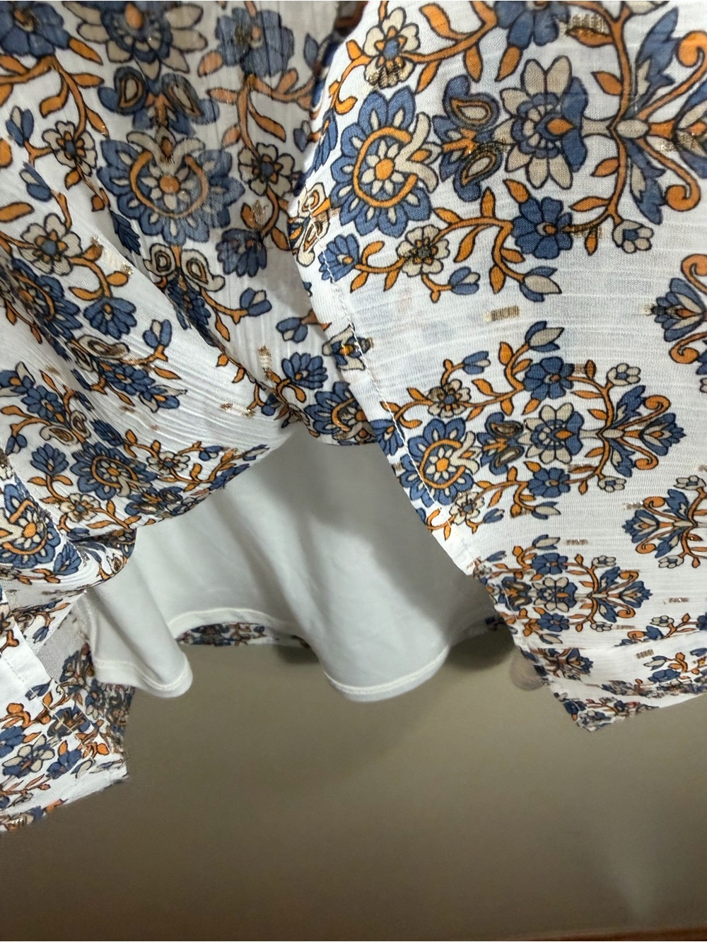 Express Floral Puff Sleeve Mini Dress S Blue Gold Deep V Open Back - Picture 4 of 9